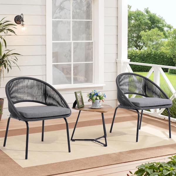 Yangming Black 3-Piece Metal Hand-Woven Patio Conversation Set with Gray Cushions, Wood Top Table for Poorside Garden