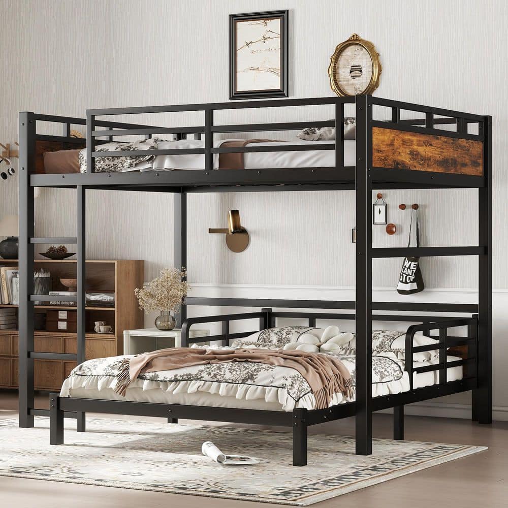 Polibi Black/Vintage Full Wood/Metal Loft Bed with Raised Security Fence