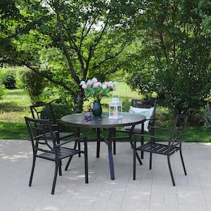 Black 5-Piece Metal Outdoor Patio Dining Set with Wood-Look Round Table and Fancy Stackable Chairs