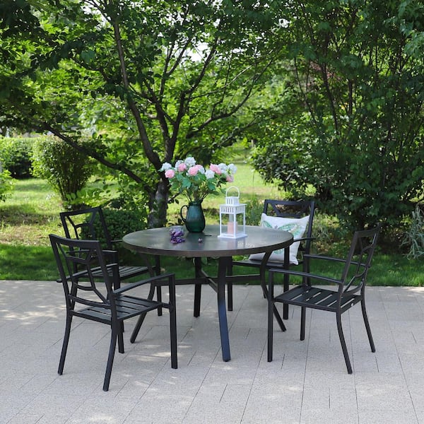 PHI VILLA Black 5-Piece Metal Outdoor Patio Dining Set with Wood-Look Round Table and Fancy Stackable Chairs