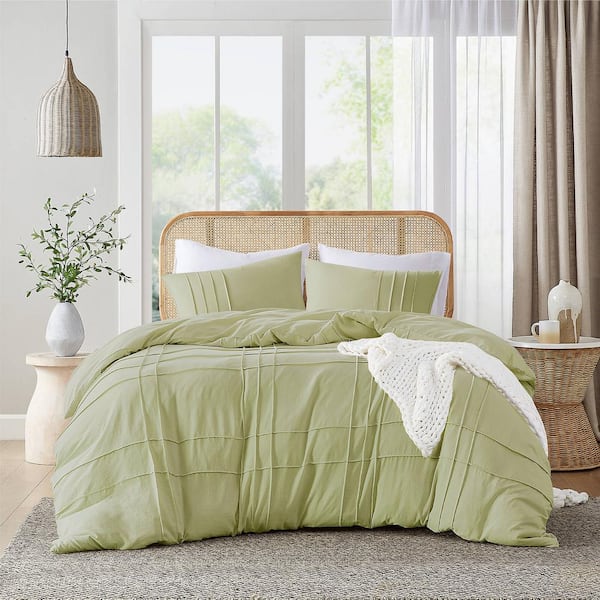 510 Design Porter 3-Piece Sage Microfiber Queen Soft Washed Pleated Duvet Cover Set
