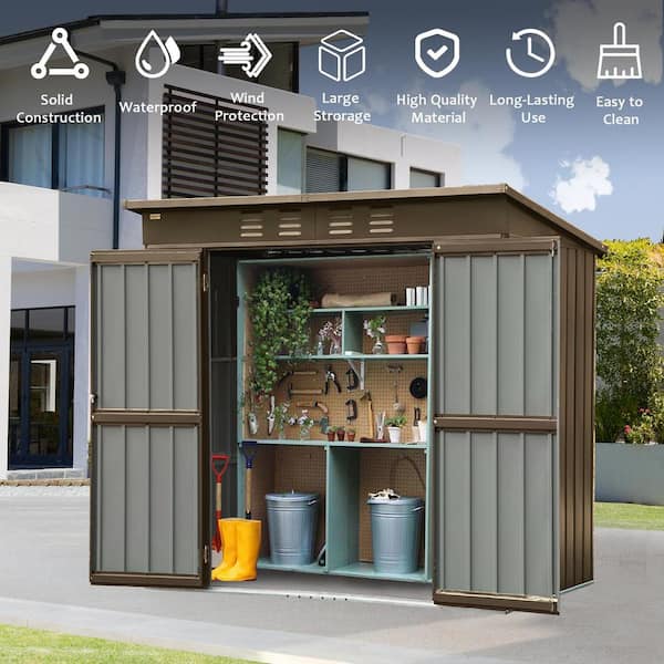 Unbranded 6 ft. x 4 ft. Metal Shed Outdoor ToOl Storage with Lockable Double Doors, 24 Sq. Ft. Suitable for Backyard Lawn Brown