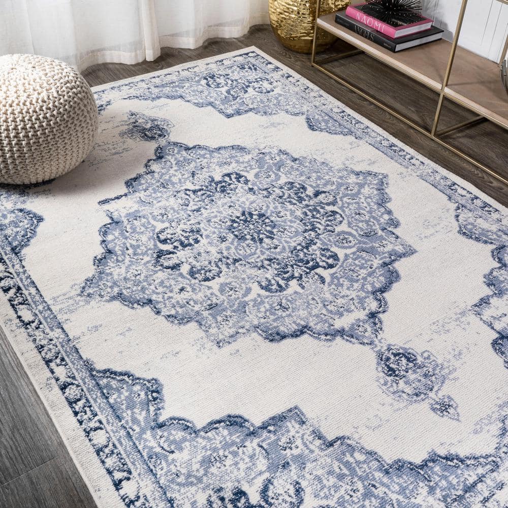 Light Blue and Ivory Synthetic Flat Woven 8' x 10' Area Rug