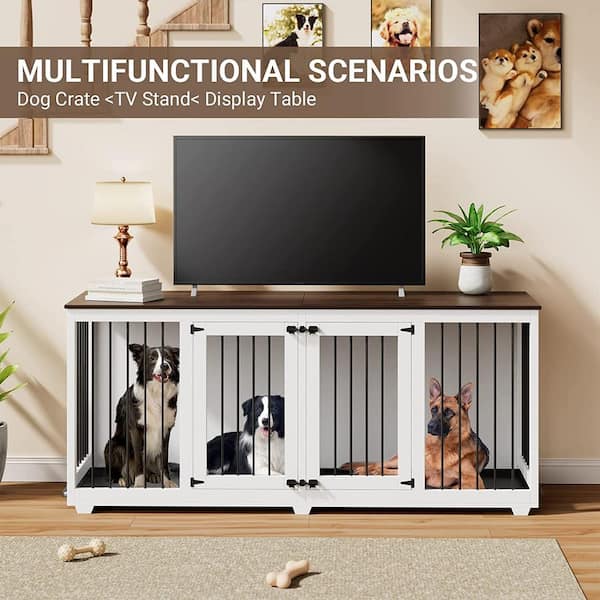 71 Inch Wood Dog Kennel, Dog Crate Furniture, Dog Crate End Table with  Double Doors, Divider, TV Cansole Table, Indoor Dog Cage for Large Dog or 2