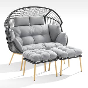 Corina Dark Gray Outdoor Patio Wicker Oversized Stationary Egg Chair Loveseat with Gray Cushions and Ottomans