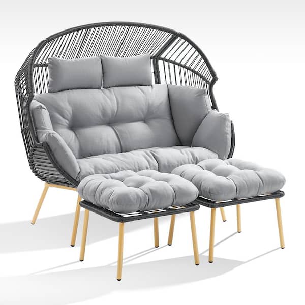 Gymojoy Corina Dark Gray Outdoor Patio Wicker Oversized Stationary Egg Chair Loveseat with Gray Cushions and Ottomans
