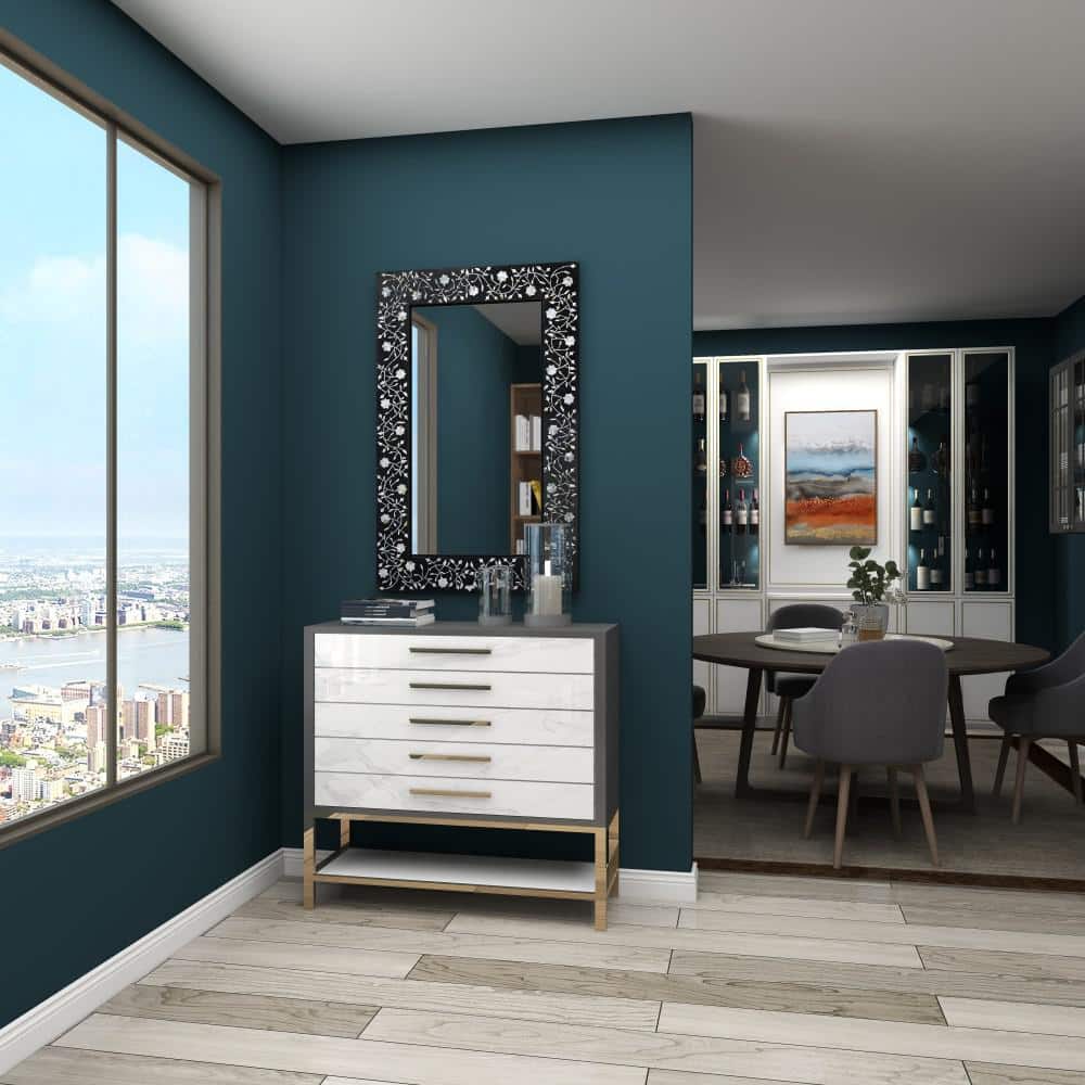 Rectangular Black Wood Wall Mirror with Floral Inlay
