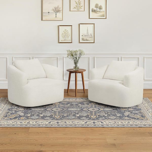 Beige Chenille Fabric 360° Swivel Barrel Arm Chair U-shaped Swivel Accent Chair with Metal Base (Set of 2)