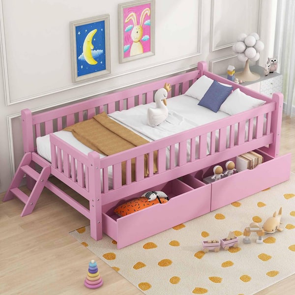 Pink Wood Frame Twin Size Platform Bed with Guardrail and 2-Drawers