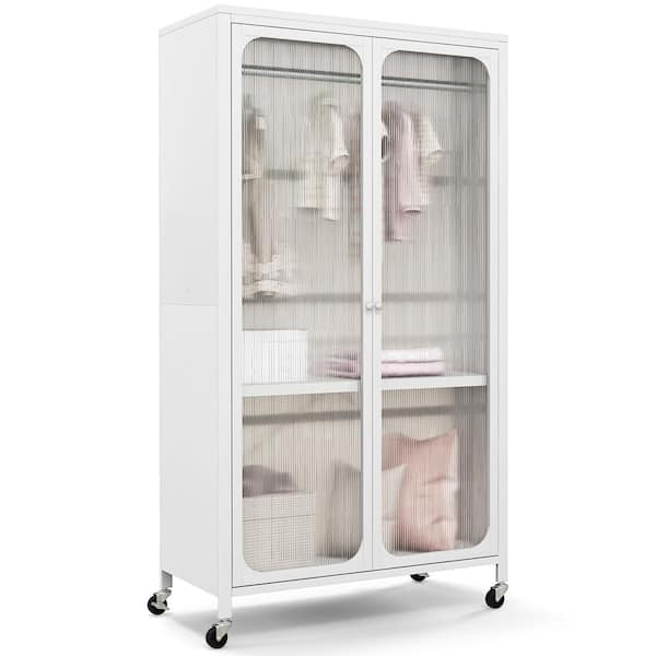 Costway White Plastic 31.5 in. Storage Wardrobe Cabinet Mobile