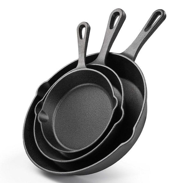 10.48/8.27/6.69 in. Cast Iron Frying Pan in Black with Strudy Handle(3-Piece)