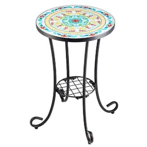 Metal Outdoor Side Table with Ceramic Tile Top and Display Shelf, Floral