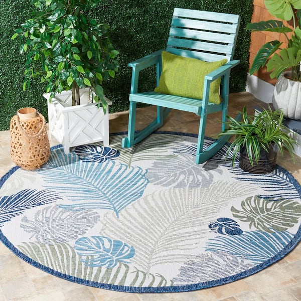 Courtyard Beige/Green Blue 7 ft. x 7 ft. Oversized Botanical Leaf Indoor/Outdoor Round Area Rug
