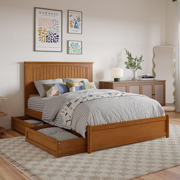 AFI Malta Light Toffee Natural Bronze Solid Wood Frame Full Platform Bed Panel Footboard Storage Drawers