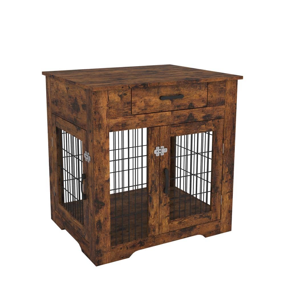 Wooden Dog Crate Furniture With Removable Tray - Double Door Kennel End Table For Small Medium Dogs
