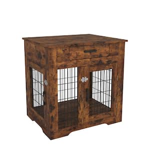 Brown Furniture Style Dog Crate End Table with Drawer Pet Kennels with Double Doors Dog House Indoor Use Weathered