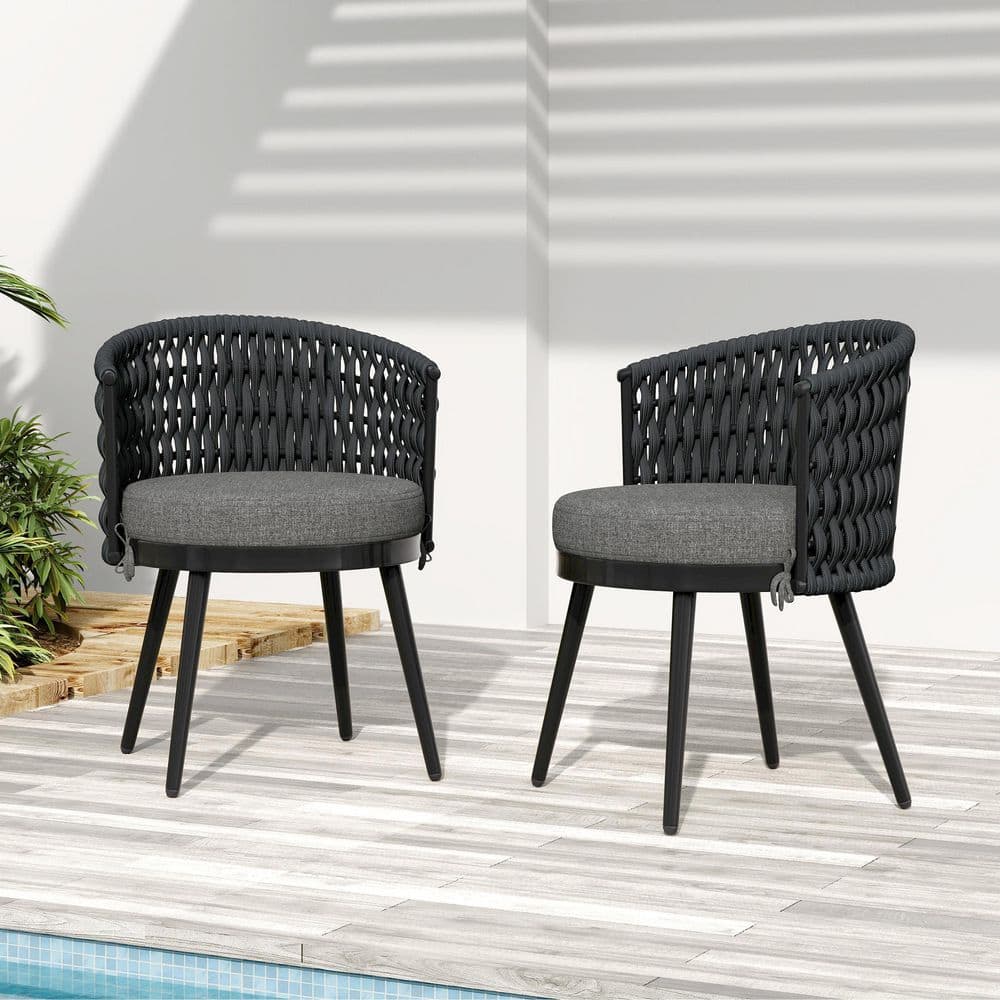 Modena Modern Patio Metal Outdoor Dining Chair with Dark Gray Cushions, Rope Woven Curved Backrest, Set of 2 price history on PriceWatchPro