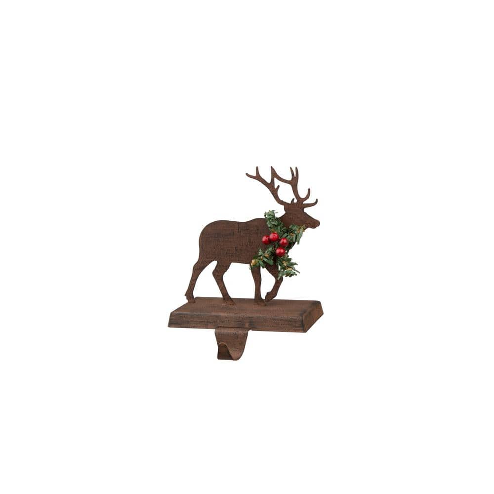 6.5" Brown and Green Wooden and Metal Reindeer Stocking Holder