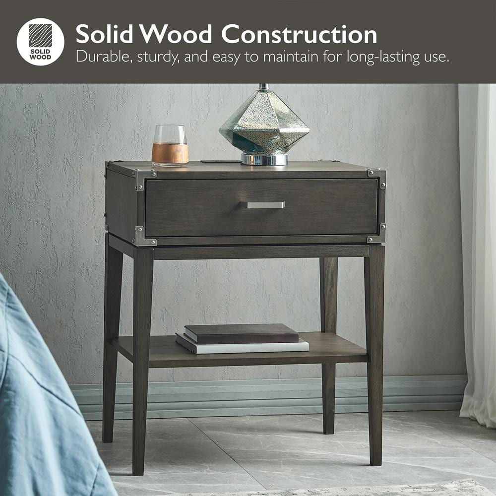 Beckett Anthracite Solid Wood Nightstand with USB Charging Port