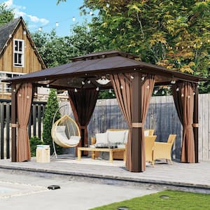 13 ft. x 10 ft. Double Polycarbonate Roof Gazebo with Aluminum Frame, Hooks, Curtains and Netting for Backyard, Patio