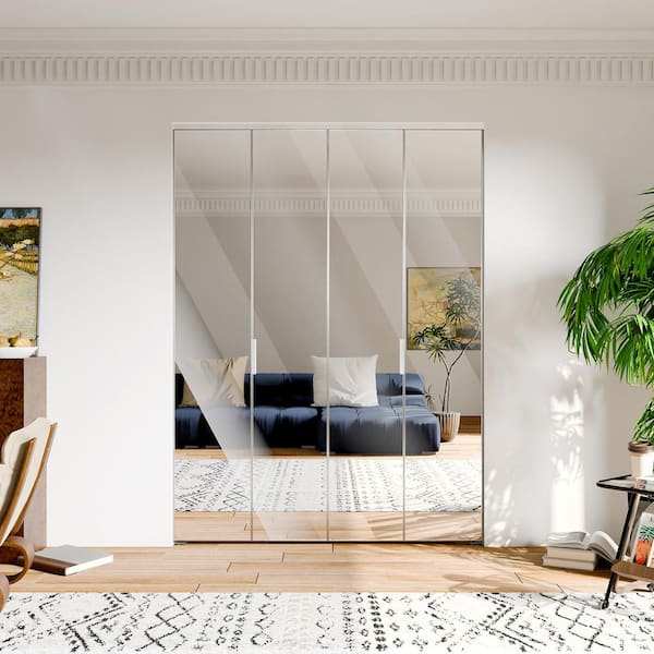 60 in. x 80 in., Mirrored Glass, Silver, Hollow Core, MDF, Aluminum Frame, Full Lite Bi-fold Doors with Hardware Kits