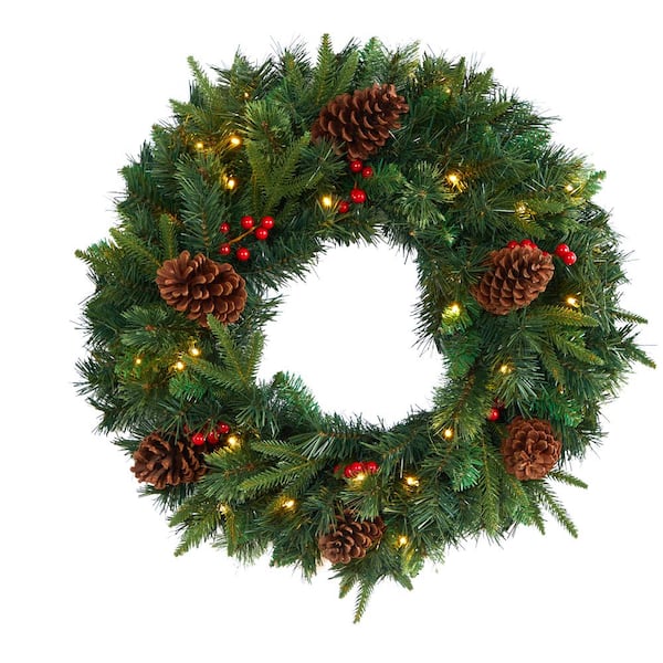 Nearly Natural 24 in. Mixed Pine Artificial Christmas Wreath with 35 Clear LED Lights and Berries