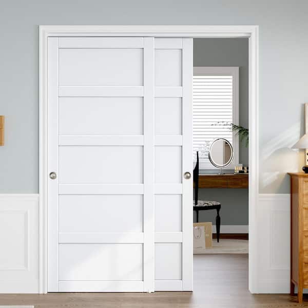 64 in. x 80 in. (Double 33 in.) H-style Solid Core Wood White Finished Composite Wood Sliding Door with Hardware