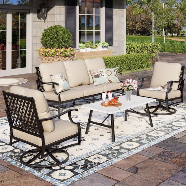 PHI VILLA Metal 5 Seat 4-Piece Steel Outdoor Patio Conversation Set With Beige Cushions, Swivel Chairs and Marble Pattern Table