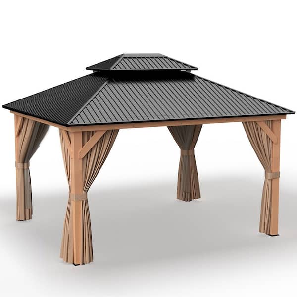 11 ft. x 13 ft. Wooden Patio Gazebo with Double Roof, Hardtop, Netting, and Brown Curtains