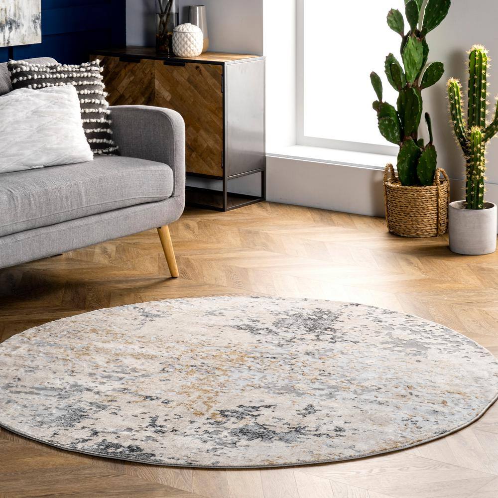 Chastin Beige and Gray Abstract Round Synthetic Rug