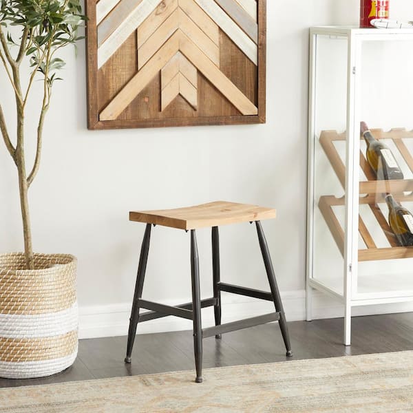 Litton Lane 19 in. Black Counter Stool with Brown Wood Top