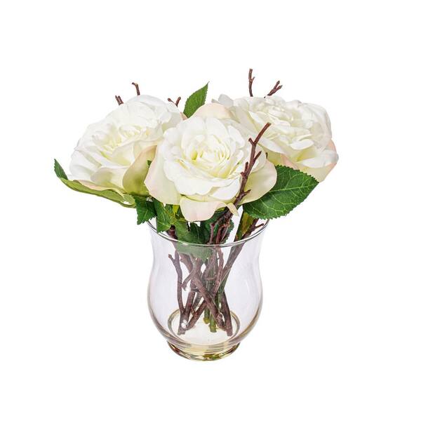Vickerman 10 in. White Artificial Rose Floral Arrangement in Glass