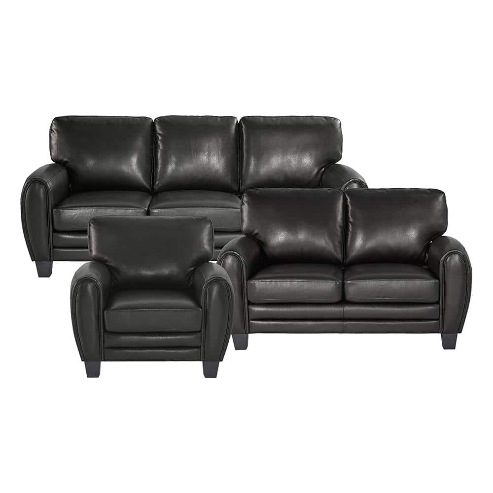 Viggo 85 in. W Round Arm Faux Leather Rectangle 3-Piece Living Room Sofa Se