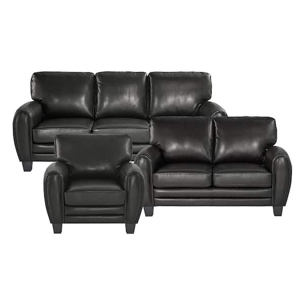 Lazzara Viggo 85 in. W Round Arm Faux Leather Rectangle 3-Piece Living Room Sofa Set in Black