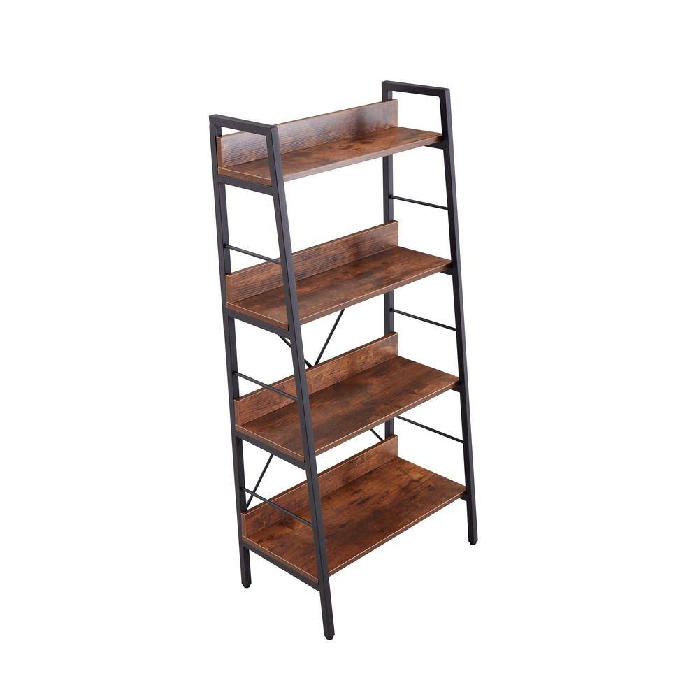 ANBAZAR 37.2 in. H 3-Tier Ladder Shelf Bookcase, Standing Shelf Storage Organizer with Wood and Metal Shelf for Home and Office, Brown