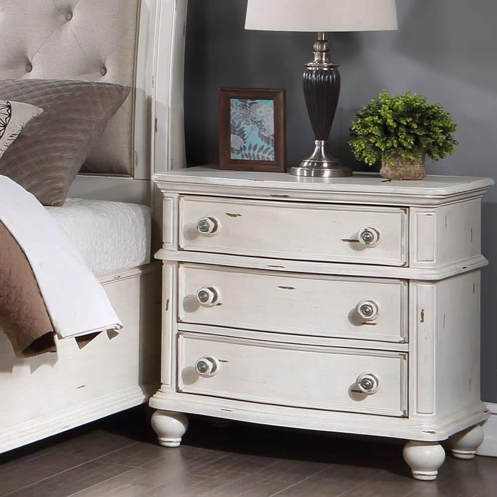 Jaqueline Antique White 3-Drawer Wooden Nightstand