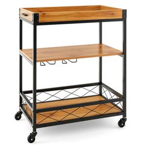 3-Tier Metal Brown Small Rolling Kitchen Cart Bar Serving Cart with Utility Shelf and Handle Racks