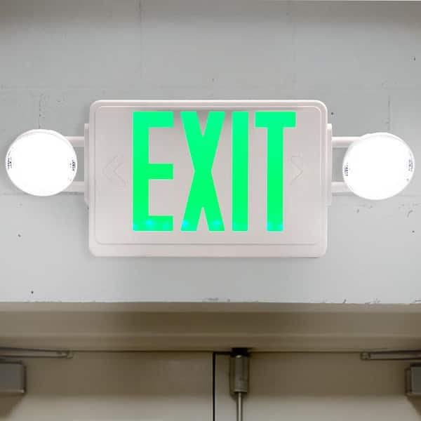 2 Light Integrated LED Green Exit Sign Emergency Light with Green Letters White Plastic Commercial Safety Lighting