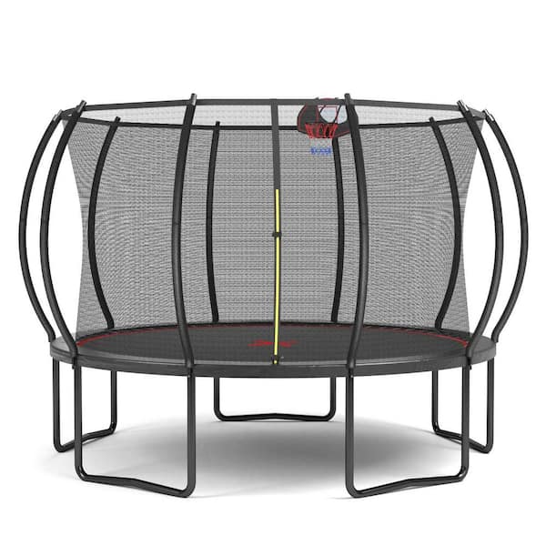 Tenleaf 12 ft. Black Red Round Pumpkin Trampoline with Basketball Hoop