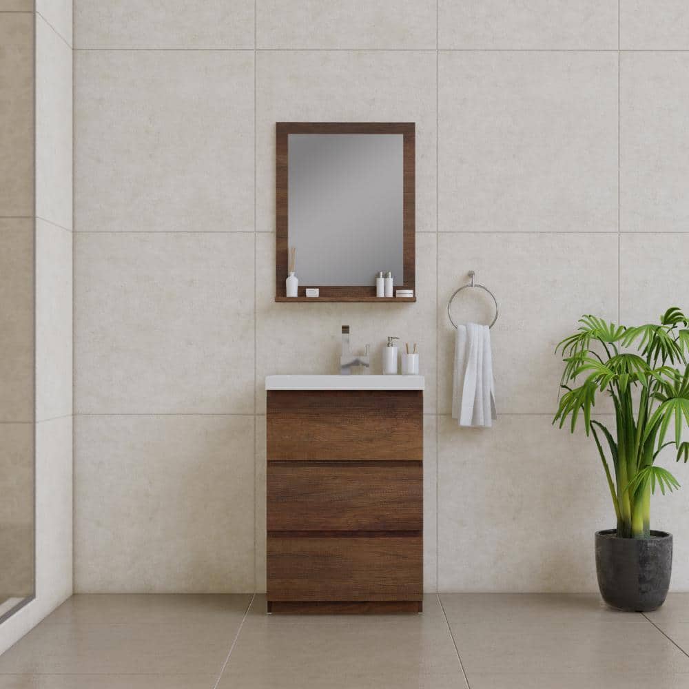Rosewood Brown 24" Freestanding MDF Bathroom Vanity with White Sink