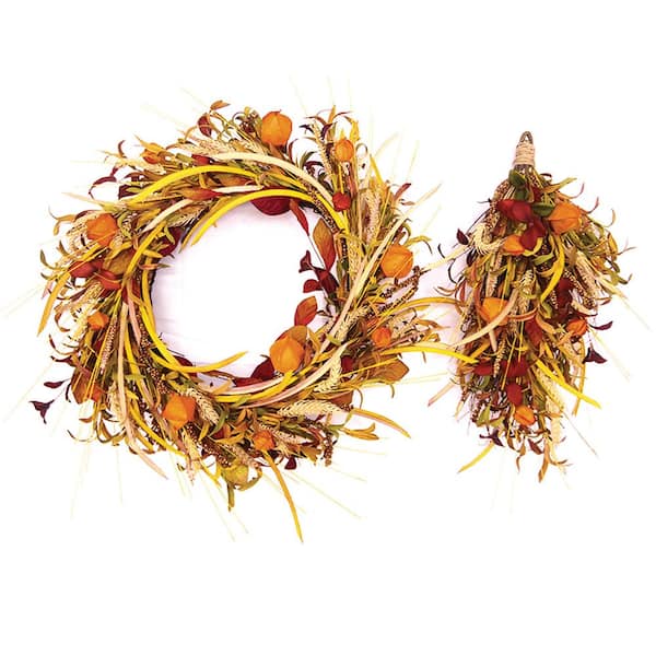 30 in. Unlit Artificial Harvest Chinese Lantern Wreath and 24 in. Door Swag (2-Set)