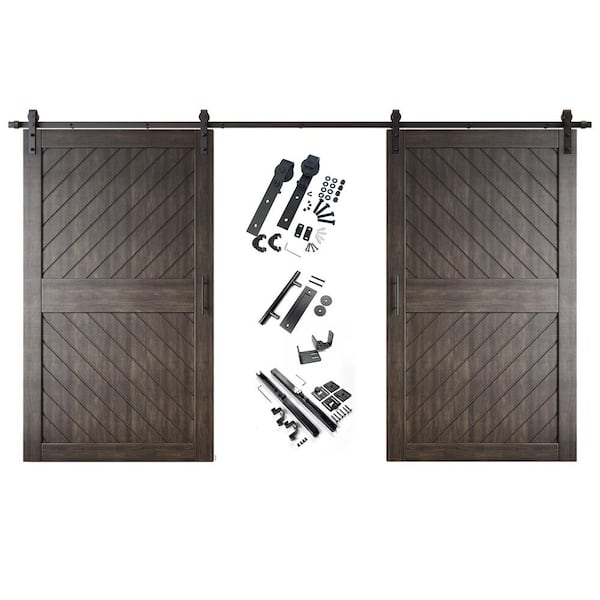 XT3 48 in. x 84 in. C-Panel Ebony Slanted Stripe Design Double Pine Wood Sliding Barn Door with Hardware Kit