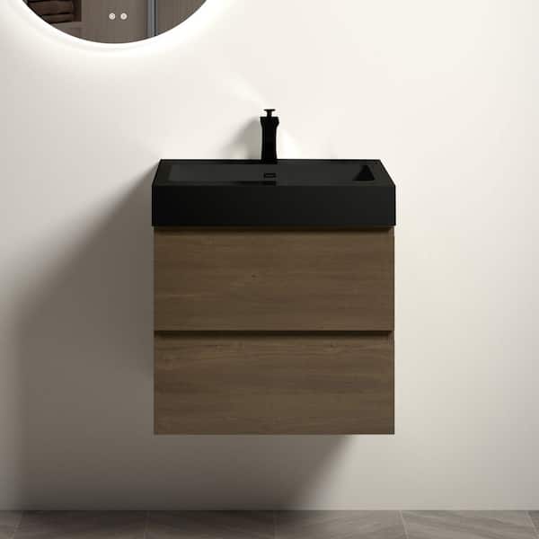 Staykiwi 24 in. W x 18 in. D x 25.2 in. H Single Sink Wall-Mounted Bath Vanity in Dark Oak with Black Solid Surface Top