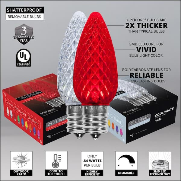 OptiCore 49 ft. 50-Light LED Red and Cool White Faceted C9 String 