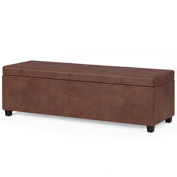 Simpli Home Avalon 54 inch Wide Contemporary Rectangle Extra Large Storage  Ottoman Bench in Distressed Saddle Brown Vegan Faux Leather 