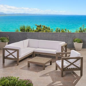 Brava Grey 5-Piece Wood Patio Conversation Sectional Seating Set with White Cushions