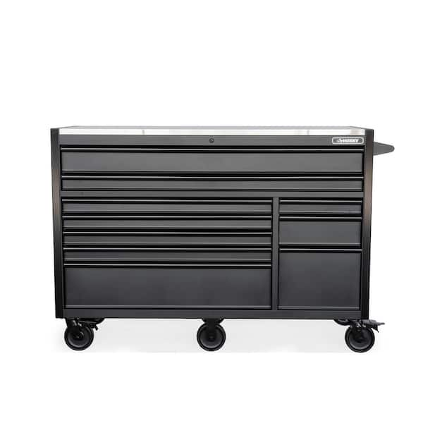 Modular Tool Storage 62 in. W X 24 in. D Heavy Duty Matte Black Mobile Workbench Cabinet with Stainless Steel Top