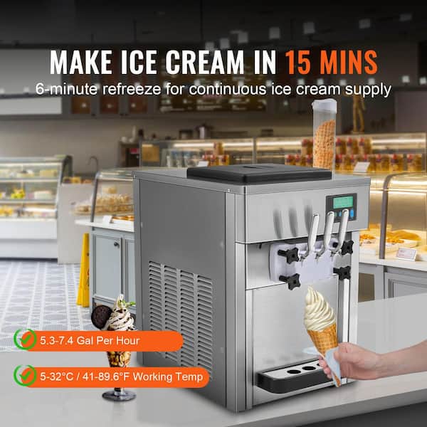 21 qt. /h Commercial Ice Cream Maker, 3.5 qt., Silver, 1800 W, 3-Flavor, 2 x 4 L Hopper, 2 x 1.8 L Cylinder, LCD Panel
