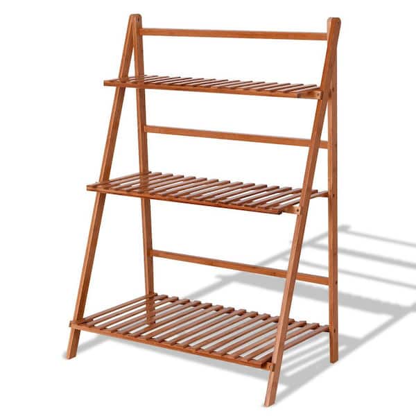 3-Tiers Orange Bamboo Wood Specialty Plant Stand Shelf with Foldable Design Indoor/Outdoor (28 in. H W x 37 in. H)