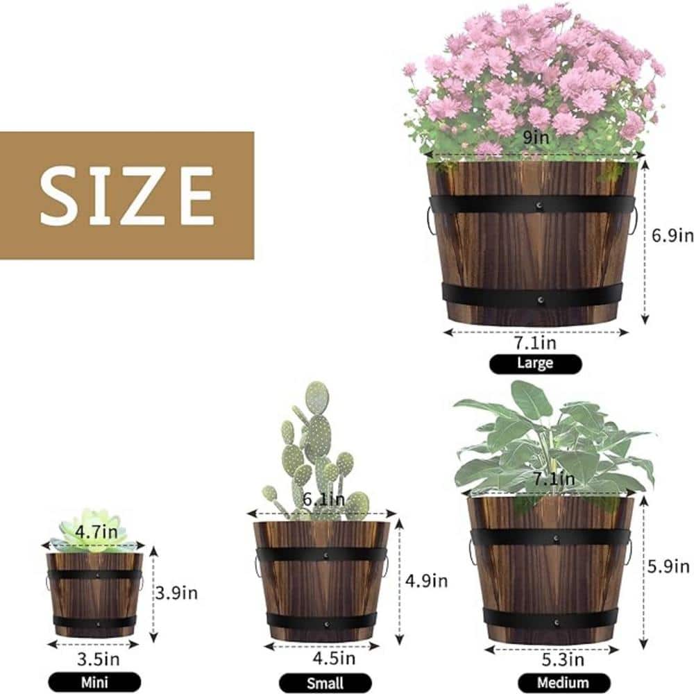 Rustic Wooden Whiskey Barrel Planter Set with Steel Handles